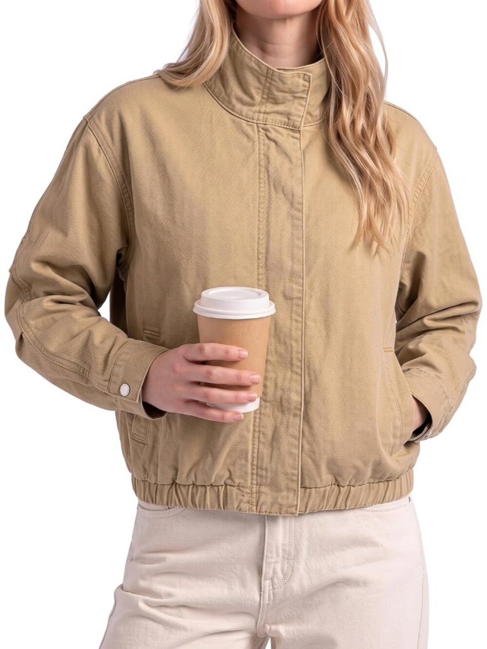 Women Khaki Funnel Neck Zip Up Oversized Side Slant Pockets Drop Shoulder Jacket